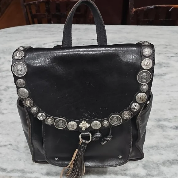 Black Leather Backpack with Renaissance Coins Silver Accents - Picture 9 of 16